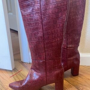 Croc-Embossed Knee-High Boots - Burgundy
